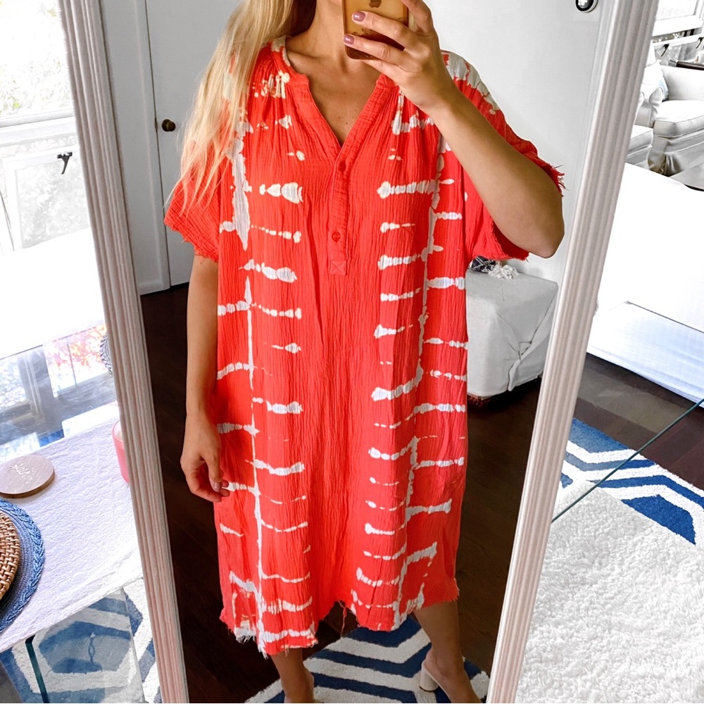 🦀 YFB BOHO CORAL TIE DYE WOVEN BEACH COVERUP!